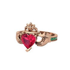 Kalp Claddagh Yüzük - Rodolit garnet ve kök zümrüt 8 ayar rose altın yüzük #14ruanz