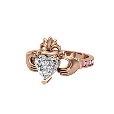 Kalp Claddagh Yüzük - Swarovski ve pembe kuvars 925 ayar rose altın kaplama gümüş yüzük #1hrql55