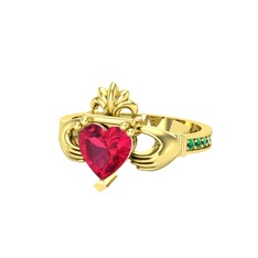 Kalp Claddagh Yüzük - Rodolit garnet ve yeşil kuvars 18 ayar altın yüzük #1kp37fp