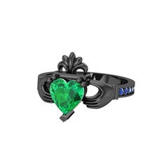Kalp Claddagh Yüzük - Yeşil kuvars ve lab safir 925 ayar siyah rodyum kaplama gümüş yüzük #j9d7l1