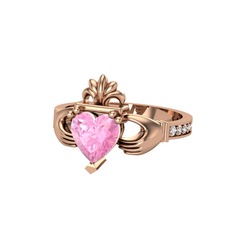 Kalp Claddagh Yüzük - Pembe kuvars ve swarovski 18 ayar rose altın yüzük #kkm621