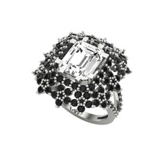 Prenses Kesim Çiçek Yüzük - Swarovski ve siyah zirkon 925 ayar gümüş yüzük #1ukeeth