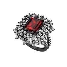 Prenses Kesim Çiçek Yüzük - Garnet ve swarovski 925 ayar siyah rodyum kaplama gümüş yüzük #anp2ta