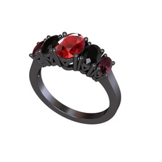 Oval 5 Taşlı Yüzük - Garnet, siyah zirkon ve kök yakut 925 ayar siyah rodyum kaplama gümüş yüzük #13aebtm