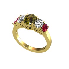 Oval 5 Taşlı Yüzük - Peridot, swarovski ve rodolit garnet 18 ayar altın yüzük #15z08pb