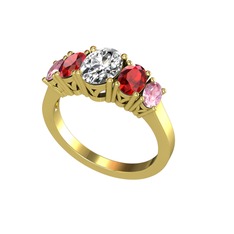 Oval 5 Taşlı Yüzük - Swarovski, garnet ve pembe kuvars 8 ayar altın yüzük #18q7bgb