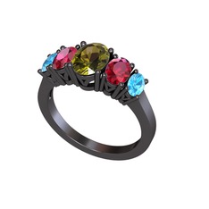 Oval 5 Taşlı Yüzük - Peridot, rodolit garnet ve akuamarin 925 ayar siyah rodyum kaplama gümüş yüzük #1kd856l