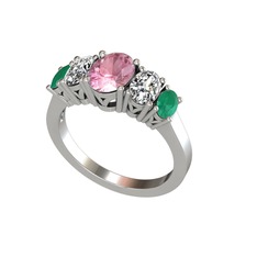 Oval 5 Taşlı Yüzük - Pembe kuvars, swarovski ve kök zümrüt 925 ayar gümüş yüzük #4e6ld0