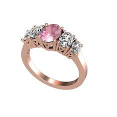 Oval 5 Taşlı Yüzük - Pembe kuvars, swarovski ve beyaz zirkon 18 ayar rose altın yüzük #749l0r