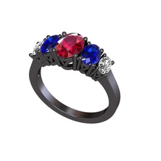 Oval 5 Taşlı Yüzük - Rodolit garnet, lab safir ve swarovski 925 ayar siyah rodyum kaplama gümüş yüzük #a9teuz