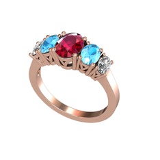 Oval 5 Taşlı Yüzük - Rodolit garnet, akuamarin ve swarovski 8 ayar rose altın yüzük #f1u7n6