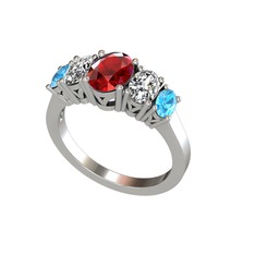 Oval 5 Taşlı Yüzük - Garnet, swarovski ve akuamarin 14 ayar beyaz altın yüzük #nvazzd