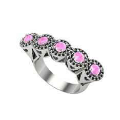 Pembe kuvars ve siyah zirkon 14 ayar beyaz altın yüzük