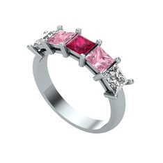 Edda 5 Taşlı Yüzük - Rodolit garnet, pembe kuvars ve swarovski 18 ayar beyaz altın yüzük #1e1jpck