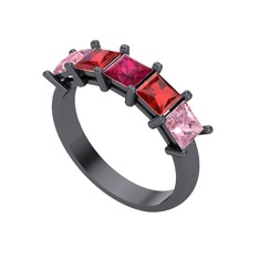 Rodolit garnet, garnet ve pembe kuvars 925 ayar siyah rodyum kaplama gümüş yüzük