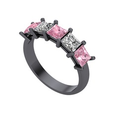 Pembe kuvars ve swarovski 925 ayar siyah rodyum kaplama gümüş yüzük