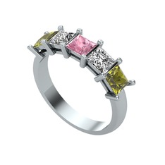 Edda 5 Taşlı Yüzük - Pembe kuvars, swarovski ve peridot 14 ayar beyaz altın yüzük #lfmyhe