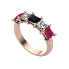 Siyah zirkon, beyaz zirkon ve rodolit garnet 14 ayar rose altın yüzük