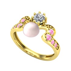 Ner İnci Yüzük - Pembe inci, swarovski ve pembe kuvars 14 ayar altın yüzük #bcmcq8