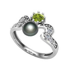 Ner İnci Yüzük - Siyah inci, peridot ve swarovski 8 ayar beyaz altın yüzük #isybyh