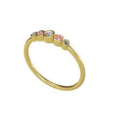 Minimal 5 Taşlı Yüzük - Swarovski, pembe kuvars ve pırlanta 925 ayar altın kaplama gümüş yüzük (0.03 karat) #15zhpyr