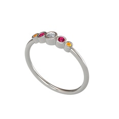 Minimal 5 Taşlı Yüzük - Swarovski, rodolit garnet ve sitrin 14 ayar beyaz altın yüzük #18ouk9a