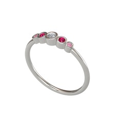 Minimal 5 Taşlı Yüzük - Swarovski, rodolit garnet ve pembe kuvars 14 ayar beyaz altın yüzük #quy16x