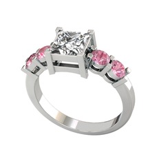 Pya 5 Taş Yüzük - Swarovski ve pembe kuvars 8 ayar beyaz altın yüzük #1pchjr2