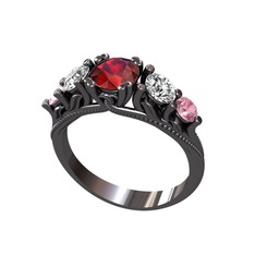 Eden 5 Taş Yüzük - Garnet, swarovski ve pembe kuvars 925 ayar siyah rodyum kaplama gümüş yüzük #vm4vbx