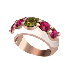 Peridot ve rodolit garnet 18 ayar rose altın yüzük (Beyaz mineli)