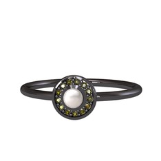Minimal Ay Yüzük - Inci ve peridot 925 ayar siyah rodyum kaplama gümüş yüzük #1n363go