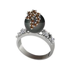 Afra İnci Yüzük - Siyah inci, dumanlı kuvars ve swarovski 8 ayar beyaz altın yüzük #4c0yvu