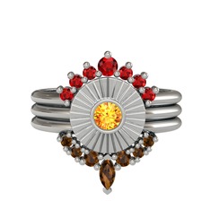 Minimal Tria Cora Yüzük - Garnet, sitrin ve dumanlı kuvars 14 ayar beyaz altın yüzük #12785dt
