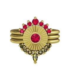 Minimal Tria Cora Yüzük - Rodolit garnet ve peridot 14 ayar altın yüzük #1500zsm