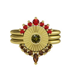 Minimal Tria Cora Yüzük - Garnet, peridot ve dumanlı kuvars 14 ayar altın yüzük #155yymy