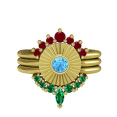 Minimal Tria Cora Yüzük - Kök yakut, akuamarin ve yeşil kuvars 8 ayar altın yüzük #15vzm6b