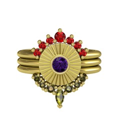 Minimal Tria Cora Yüzük - Garnet, ametist ve peridot 8 ayar altın yüzük #16bl54o