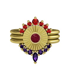 Minimal Tria Cora Yüzük - Garnet, kök yakut ve ametist 18 ayar altın yüzük #16mipbf