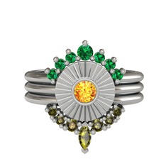 Minimal Tria Cora Yüzük - Yeşil kuvars, sitrin ve peridot 14 ayar beyaz altın yüzük #1avo70q