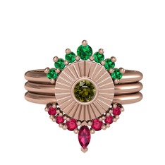 Minimal Tria Cora Yüzük - Yeşil kuvars, peridot ve rodolit garnet 14 ayar rose altın yüzük #1c6ajqv