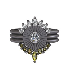 Minimal Tria Cora Yüzük - Swarovski, pırlanta ve peridot 925 ayar siyah rodyum kaplama gümüş yüzük (0.16 karat) #1et8yie