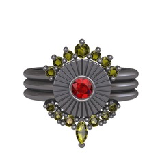 Minimal Tria Cora Yüzük - Peridot ve garnet 925 ayar siyah rodyum kaplama gümüş yüzük #1ho7vkx