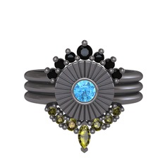 Minimal Tria Cora Yüzük - Siyah zirkon, akuamarin ve peridot 925 ayar siyah rodyum kaplama gümüş yüzük #1j9y383