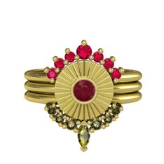 Minimal Tria Cora Yüzük - Rodolit garnet, kök yakut ve peridot 18 ayar altın yüzük #1jafjyd