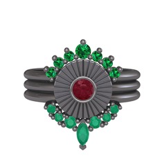 Minimal Tria Cora Yüzük - Yeşil kuvars, kök yakut ve kök zümrüt 925 ayar siyah rodyum kaplama gümüş yüzük #1jaidd