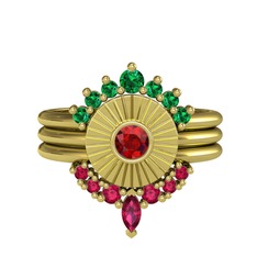Minimal Tria Cora Yüzük - Yeşil kuvars, garnet ve rodolit garnet 8 ayar altın yüzük #63xg73