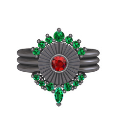 Minimal Tria Cora Yüzük - Yeşil kuvars ve garnet 925 ayar siyah rodyum kaplama gümüş yüzük #65erj3
