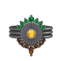 Minimal Tria Cora Yüzük - Yeşil kuvars, sitrin ve dumanlı kuvars 925 ayar siyah rodyum kaplama gümüş yüzük #7s74kj
