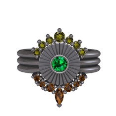 Minimal Tria Cora Yüzük - Peridot, yeşil kuvars ve dumanlı kuvars 925 ayar siyah rodyum kaplama gümüş yüzük #8vi3od