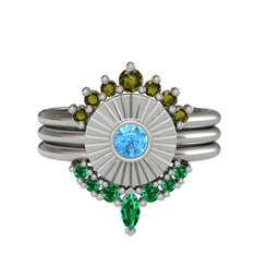 Minimal Tria Cora Yüzük - Peridot, akuamarin ve yeşil kuvars 14 ayar beyaz altın yüzük #fu3a66